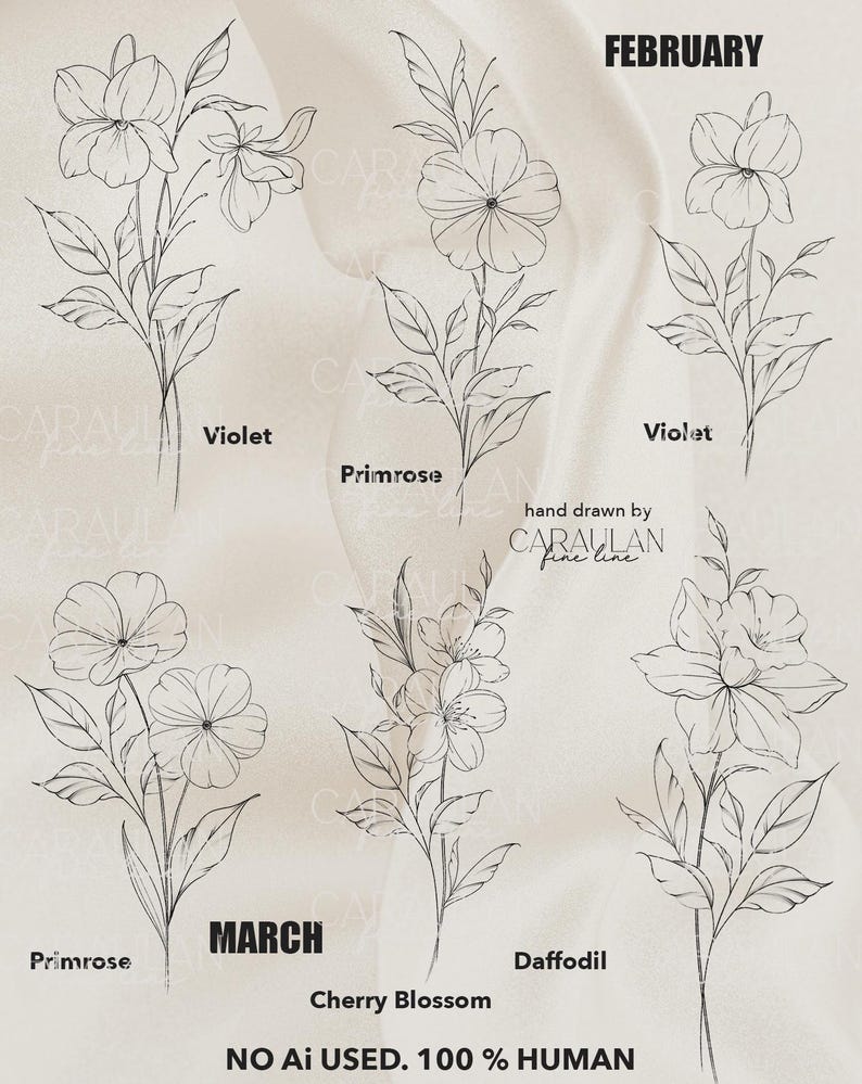 Birth Month Flowers Procreate Stamps: Fine Line Flower Tattoos January ...