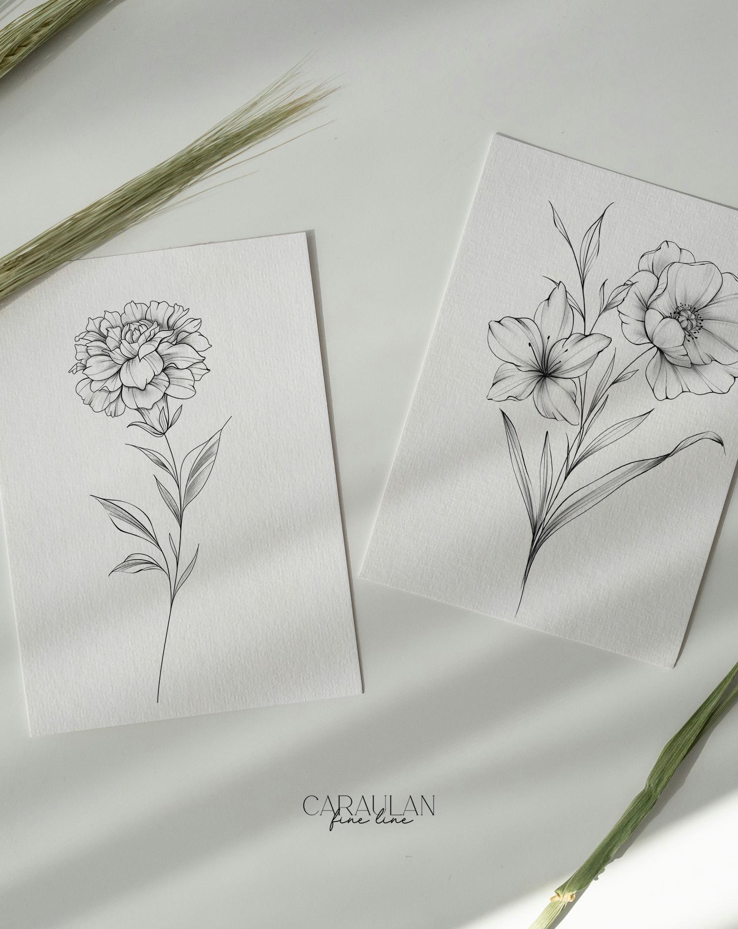 Birth Month Flowers Procreate Stamps: Fine Line Flower Tattoo Brush Set ...
