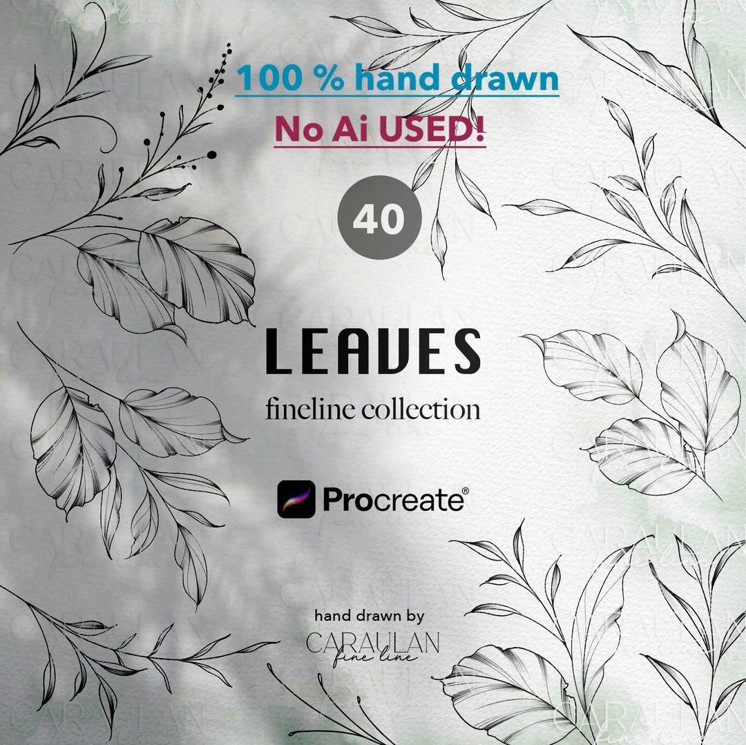 Leaves Procreate Stamps: Fine Line Tattoo Botanical Brush Set (40 ...