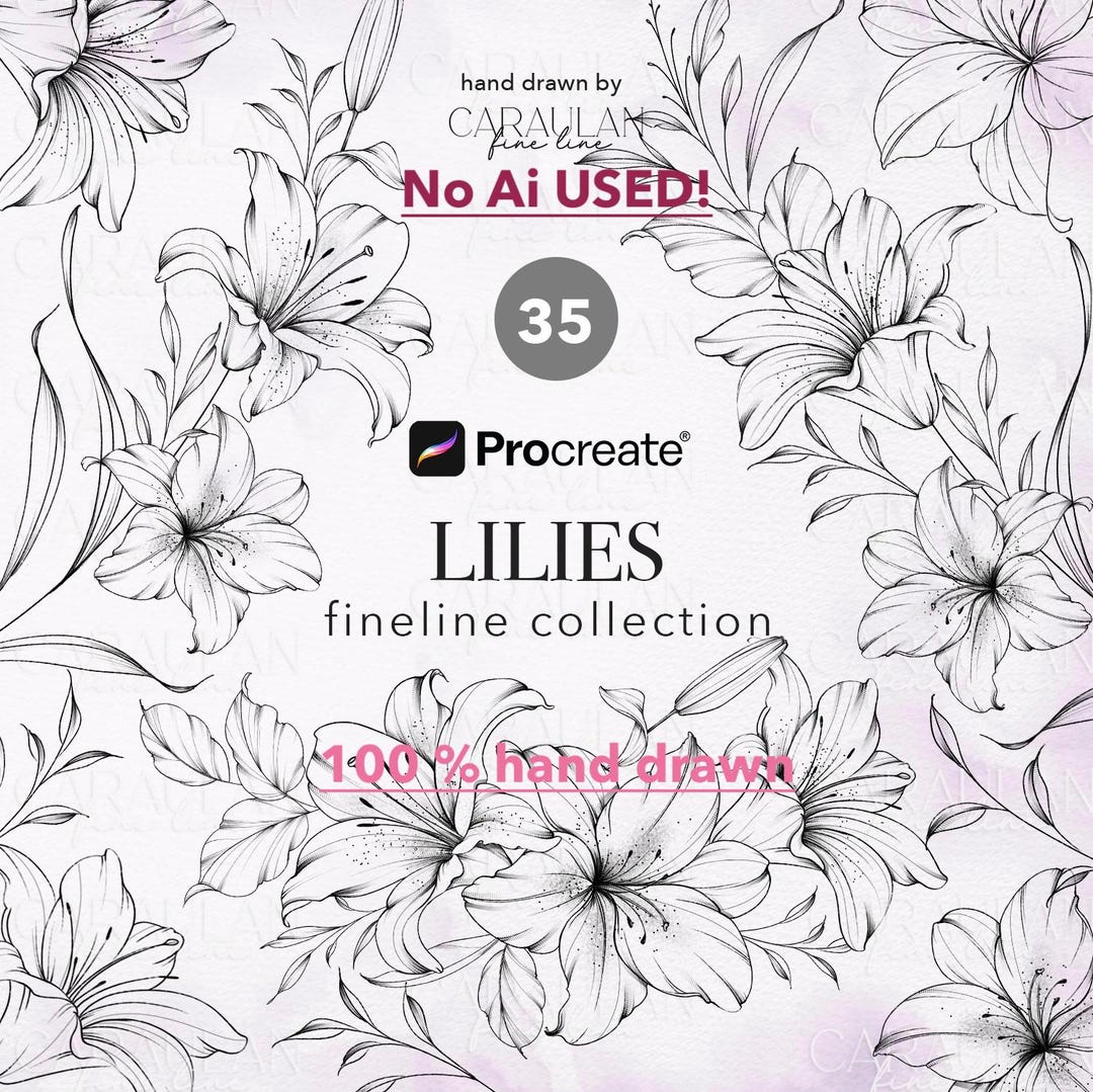 Floral Procreate Stamps: Fine Line Lilies Tattoo Brush Set (35 Stamps ...