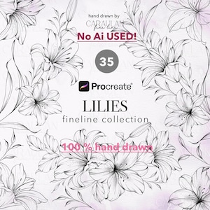 May include: Black and white floral illustration of lilies, hand-drawn with fine lines. The image includes the text "No AI USED!" and "100% hand drawn." The Procreate logo is also present, along with the word "LILIES" and the number "35".