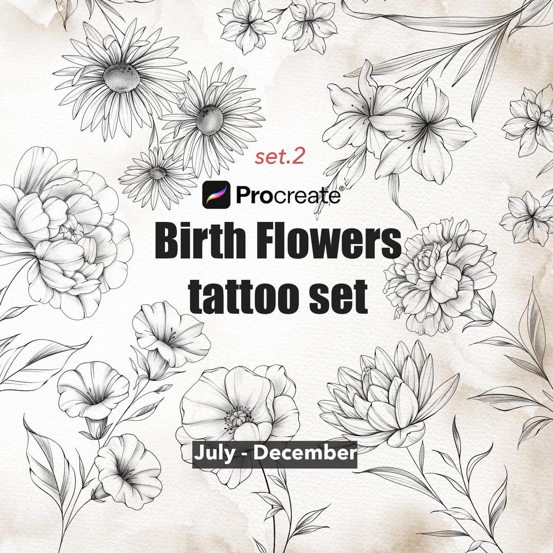 Birth Month Flowers Procreate Stamps: Fine Line Flower Tattoo Brush Set ...