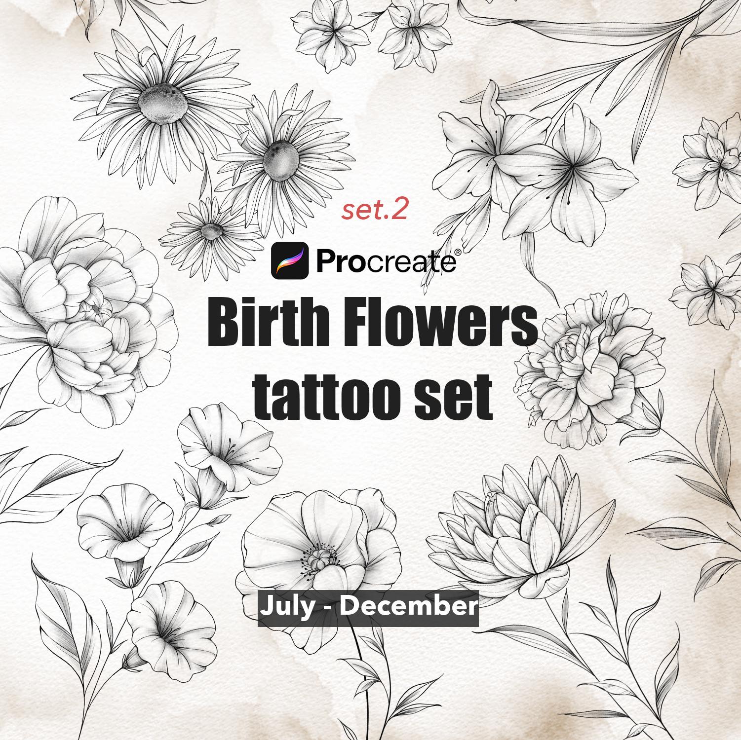 Birth Month Flowers Procreate Stamps: Fine Line Flower Tattoo Brush Set ...