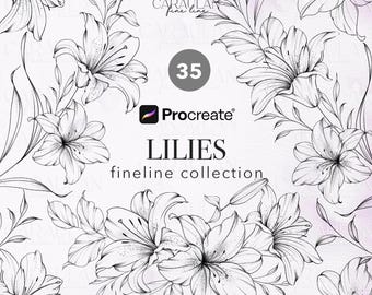 Floral Procreate Stamps: Fine Line Lilies Tattoo Brush Set (35 Stamps) (Digital Download)