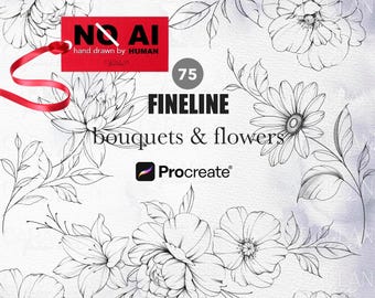 May include: A digital collection of 75 fineline floral illustrations featuring various bouquets and individual flowers in black ink on a light background. A red tag with the text NO AI hand drawn by HUMAN and a Procreate logo are visible.