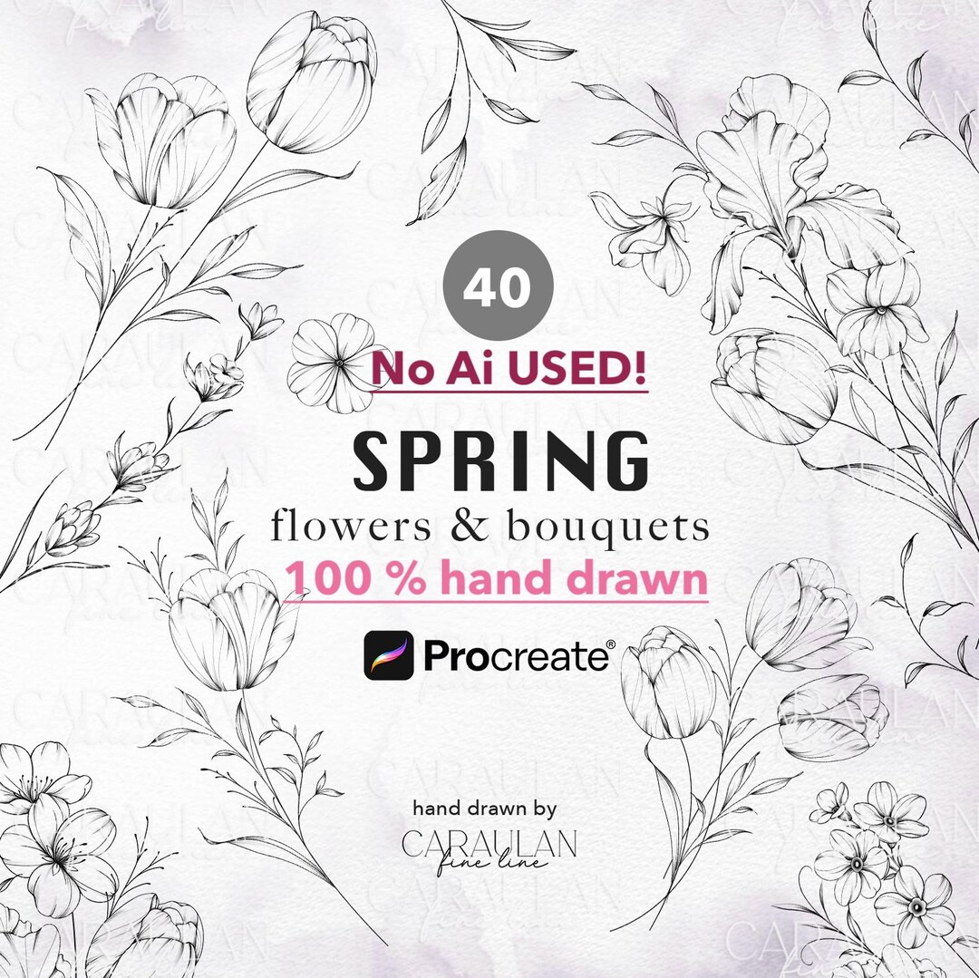 Spring Floral Procreate Stamps: Fine Line Tattoo Brush Set (40 Stamps ...