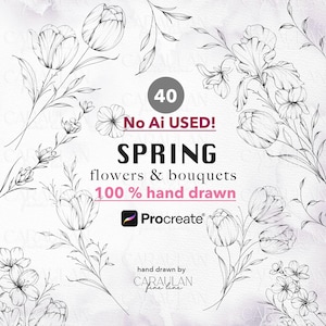 May include: Black and white floral illustrations of spring flowers and bouquets. The image includes the text "40", "No AI USED!", "SPRING", "flowers & bouquets", and "100% hand drawn". The Procreate logo is also visible.