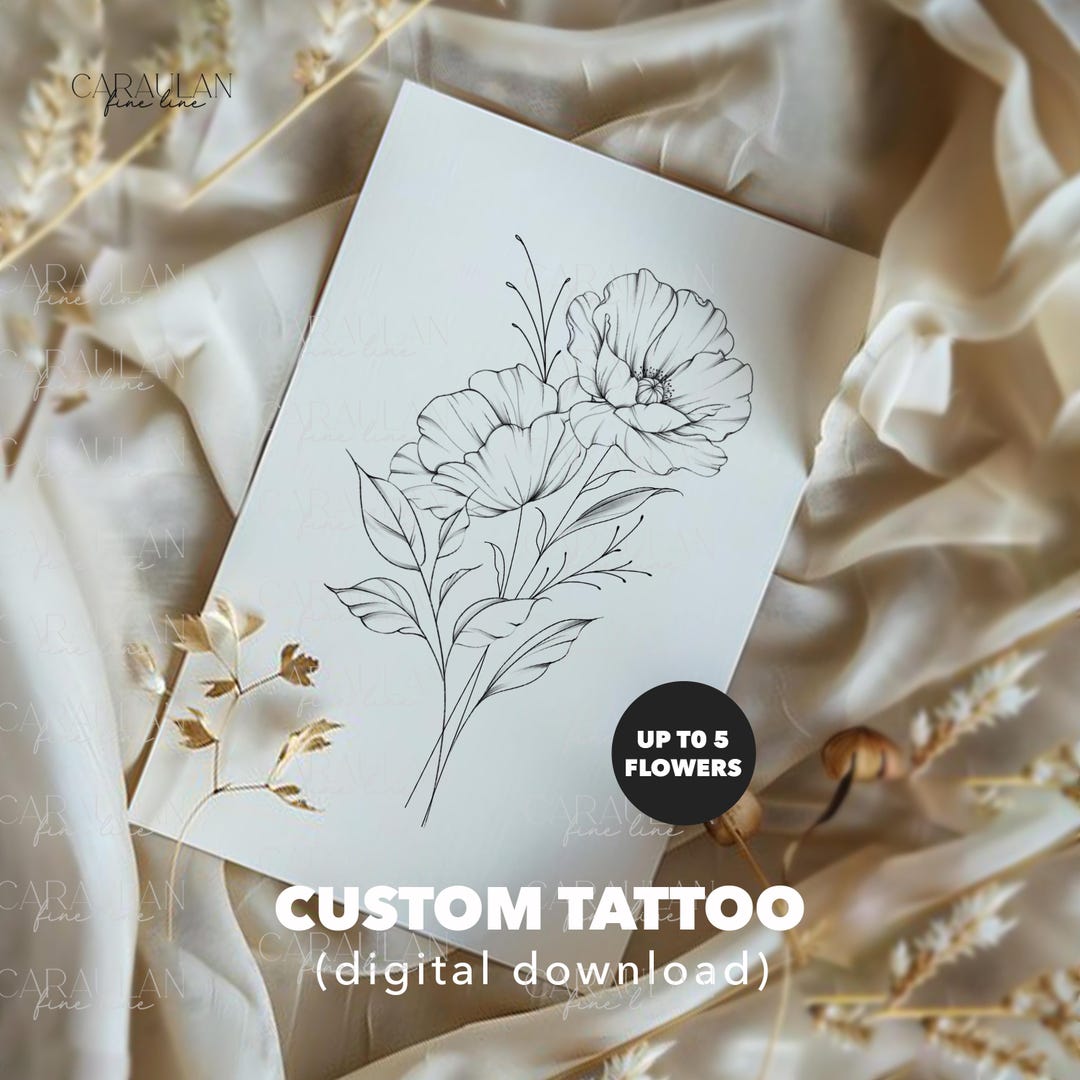 Custom Floral Tattoo Design: Fine Line Flower Bouquet (digital Download ...