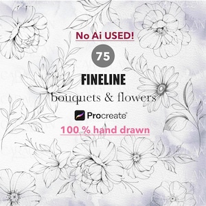 Puede incluir: Una colección digital de 75 ramos y flores de línea fina con ilustraciones de tinta negra sobre un fondo de acuarela morado claro. El texto dice No AI USED!, 75 FINELINE bouquets & flowers, Procreate y 100% hand drawn.