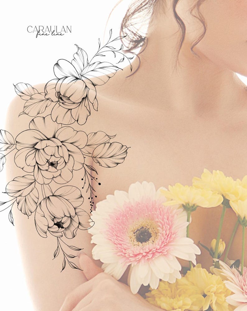 Floral Procreate Stamps: Fine Line Peony Tattoo Brush Set (40 Stamps ...