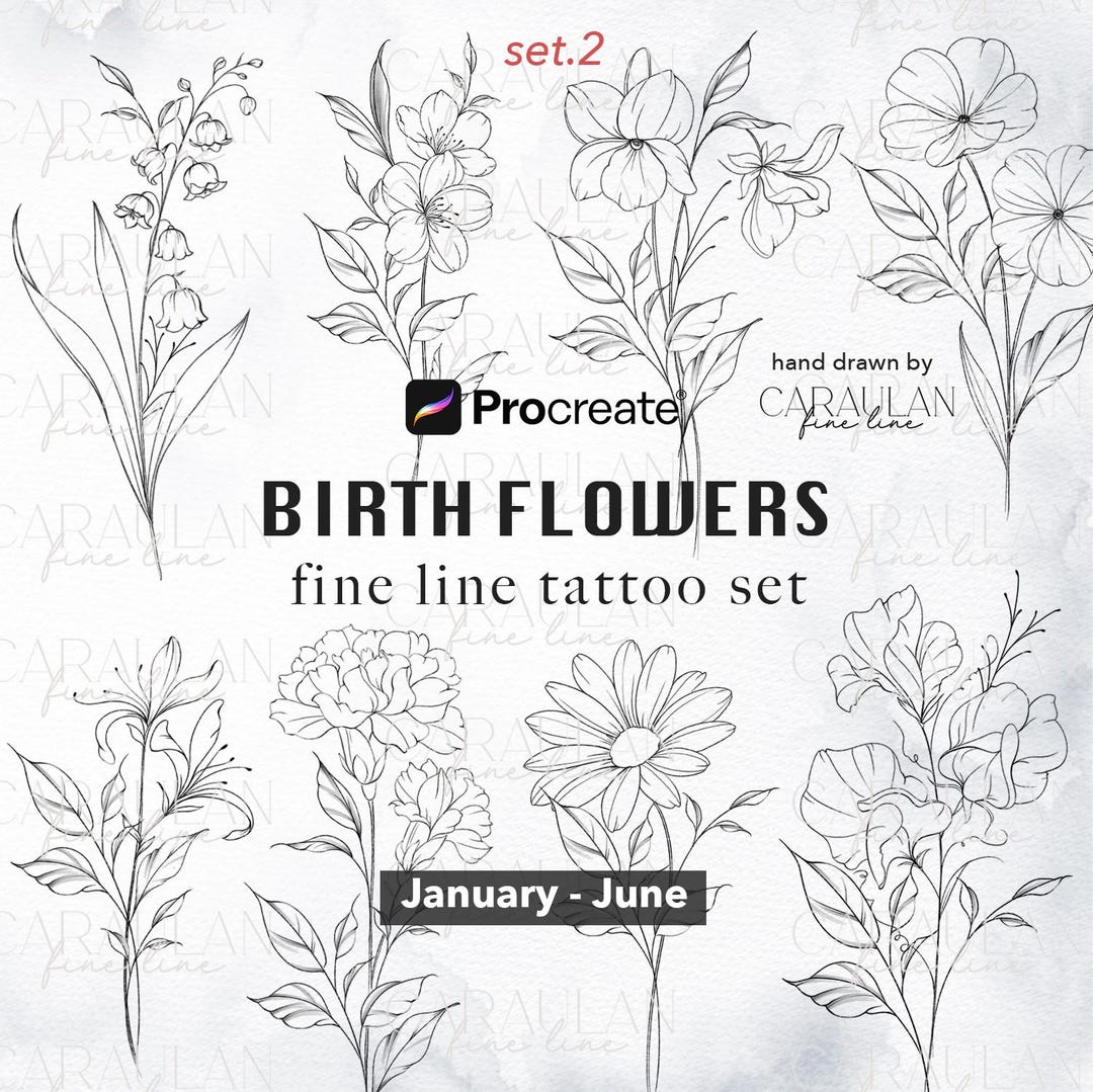 Birth Month Flowers Procreate Stamps: Fine Line Flower Tattoos January ...