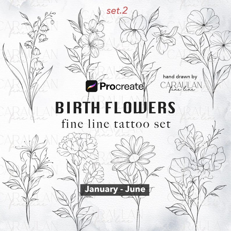 Birth Month Flowers Procreate Stamps: Fine Line Flower Tattoos January ...