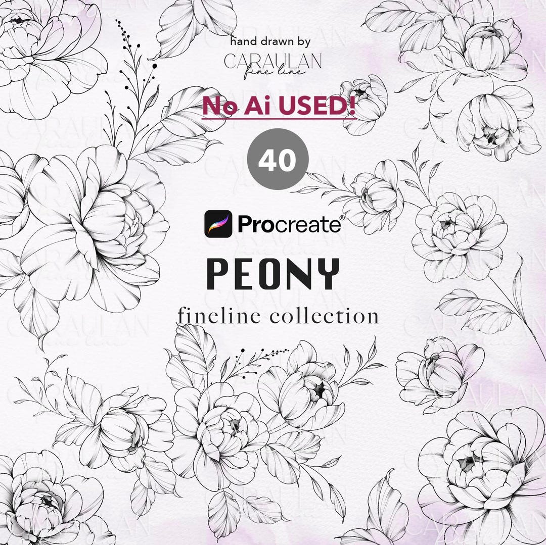 Floral Procreate Stamps: Fine Line Peony Tattoo Brush Set (40 Stamps ...