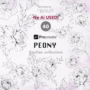 Carimbos florais para Procreate: Conjunto de pincéis para tatuagem de peônias com linhas finas (40 carimbos) (Download digital)