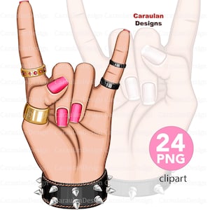 Signe de roche de main, clipart de manucure, geste de roche de main de femme, main féminine de geste de cornes de diable avec de beaux ongles, logo de technologie d'ongle, signe en métal
