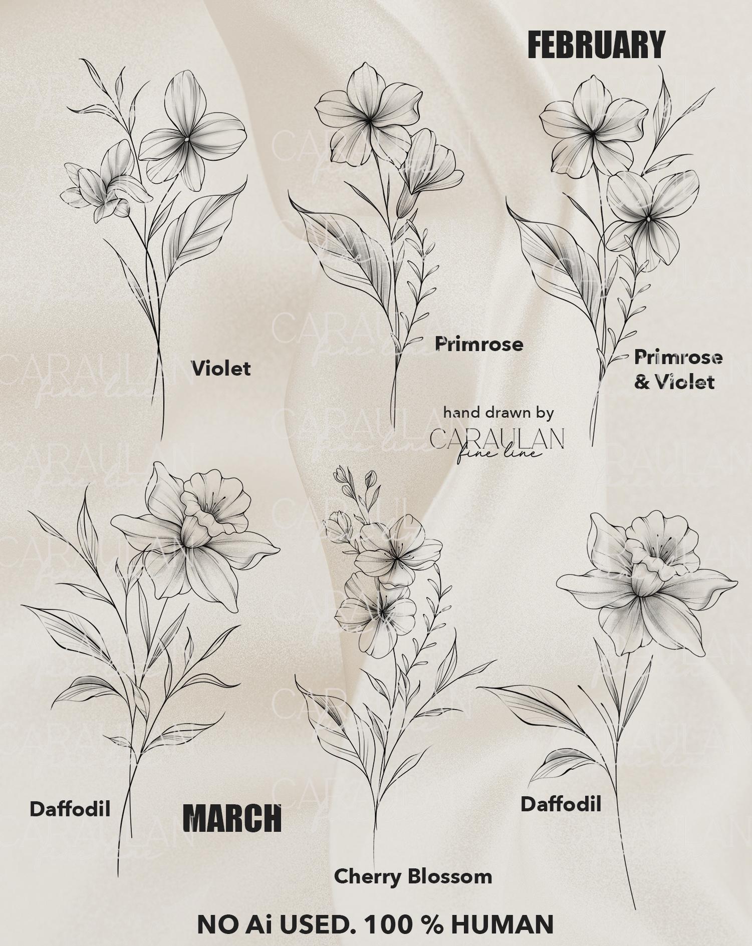 Birth Month Flowers Procreate Stamps: Fine Line Flower Tattoo Brush Set ...