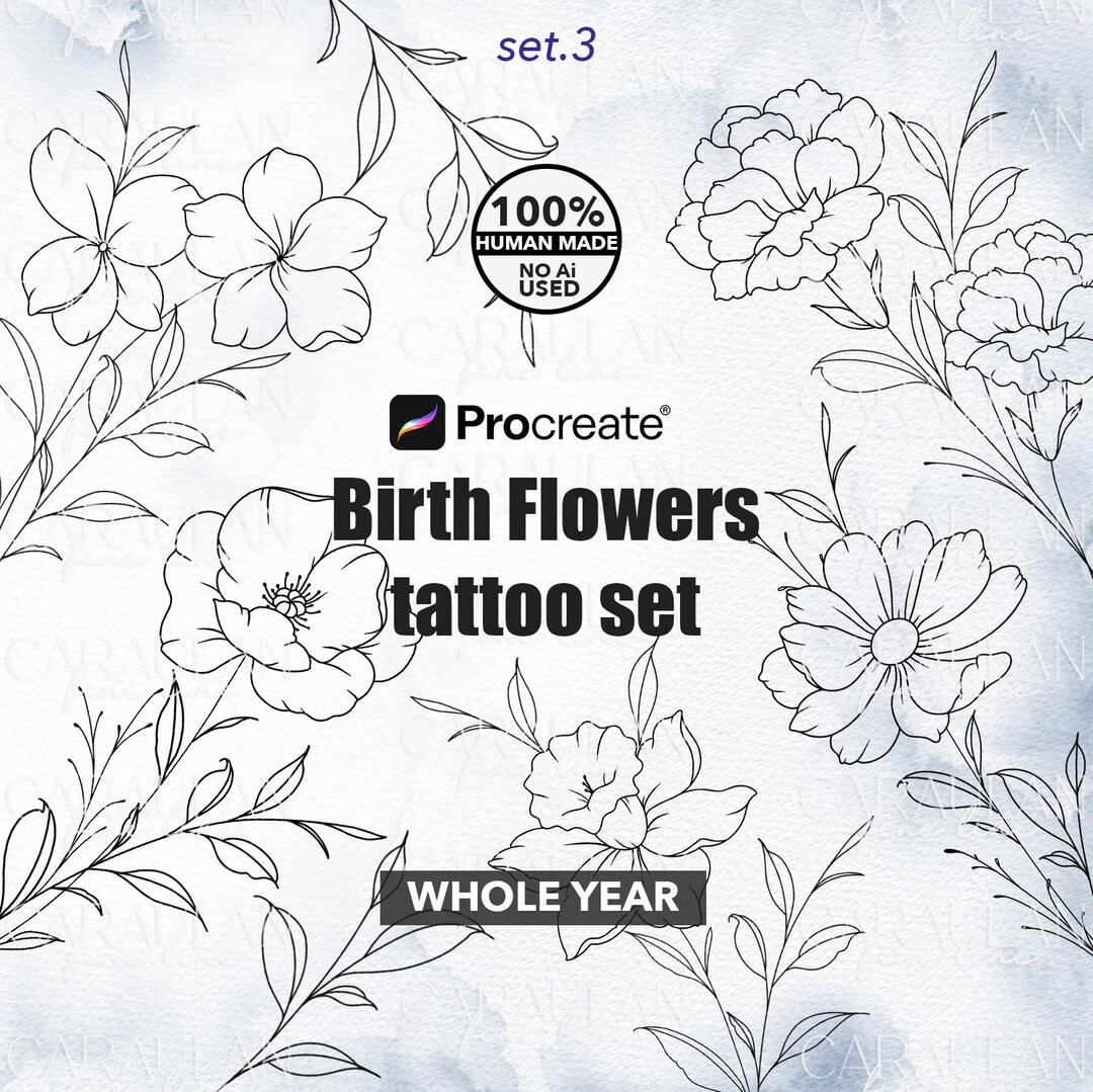 Birth Month Flowers Procreate Stamps: Fine Line Flower Tattoo Brush ...