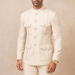 Traje safari para hombre, color marfil, para fiesta, informal, para exteriores, chaqueta y pantalones, atuendo elegante.