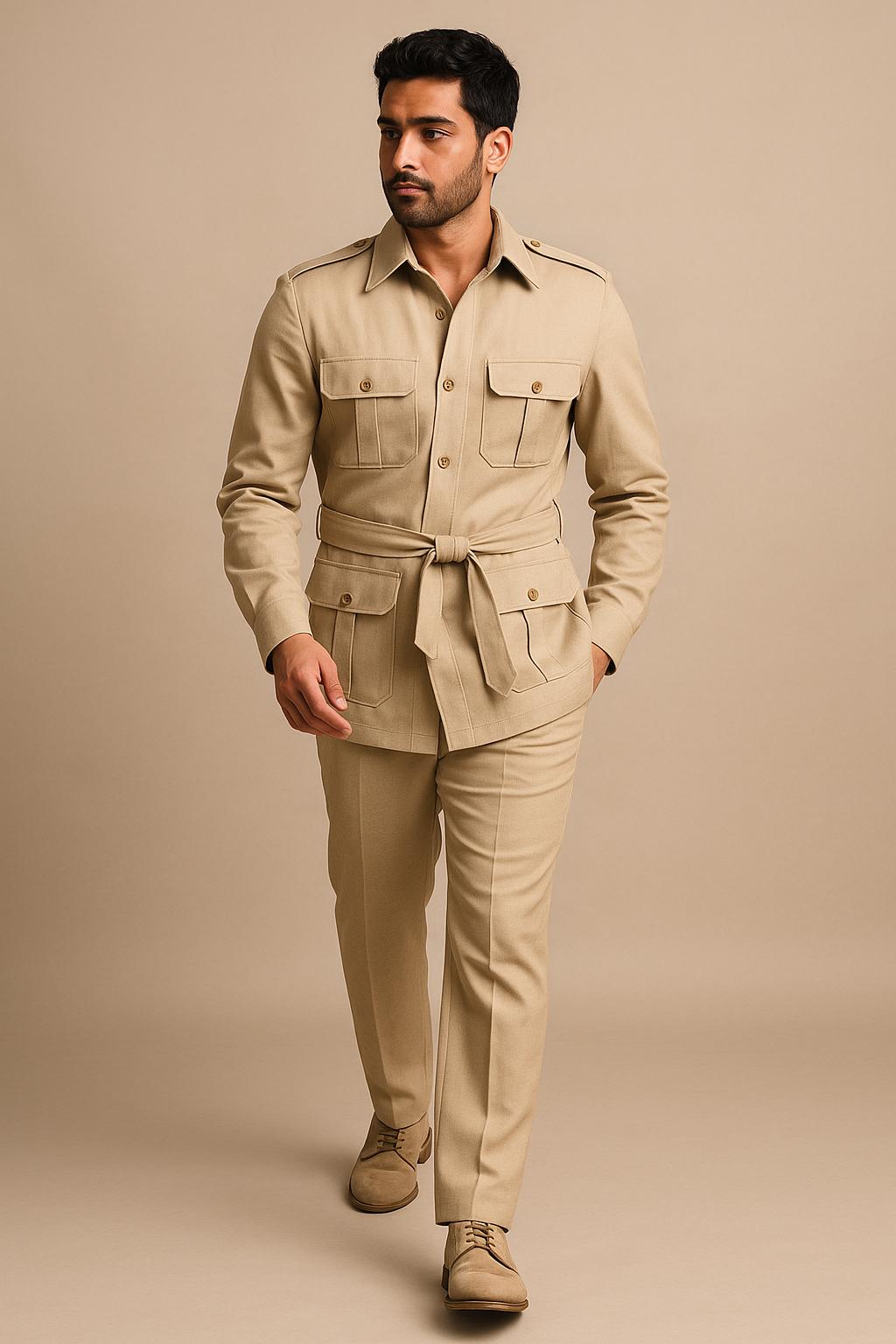 Khaki Coat Pant Kalar Designer Safari Suit