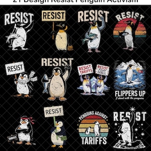 Op de afbeelding: Een verzameling van 21 ontwerpen met pinguïns in verschillende poses, met borden met de tekst "Resist" en "Tariffs". De ontwerpen staan op een zwarte achtergrond, sommige met retro zonsondergang- en berg-afbeeldingen.