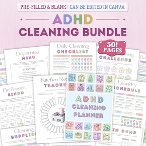 May include: A digital ADHD cleaning bundle featuring 50 pages of printable planners, checklists, and trackers. The documents include titles like Dopamine Menu, Daily Cleaning Checklist, Kitchen Reset Tracker, and Bathroom Bingo with colourful icons.