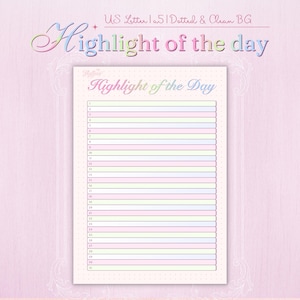 Może przedstawiać: Pastelowa strona planera z tekstem "Highlight of the Day". Strona posiada kropkowaną obwódkę i liniowane sekcje w miękkich odcieniach różu, błękitu i zieleni, przeznaczone do codziennych notatek i organizacji.