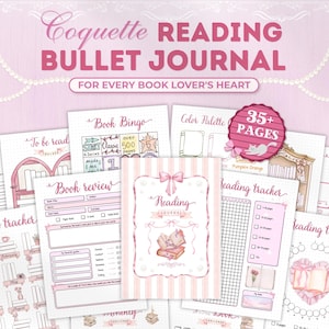 Könnte beinhalten: Ein Coquette Lese-Bullet-Journal mit über 35 Seiten, rosa-weiß gestreiften Einbänden, Buchrezensionsvorlagen, Lesetrackern, Buch-Bingo und Alphabet-Herausforderungen mit Illustrationen von Büchern, Schleifen und Herzen.