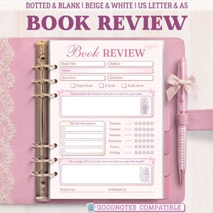 Könnte beinhalten: Ein rosa Buchrezensionsjournal mit passendem Stift. Das Journal hat eine Spitzenborte und einen Registerteiler. Die Seiten enthalten Eingabeaufforderungen für Buchtitel, Autor, Genre und Bewertung. Der Text "BOOK REVIEW" steht oben.