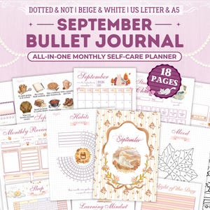 May include: A collection of 18 printable bullet journal pages for September, featuring beige and white themes. The pages include a monthly calendar, habit trackers, mood trackers, and lists for movies and playlists, decorated with autumn-themed illustrations.