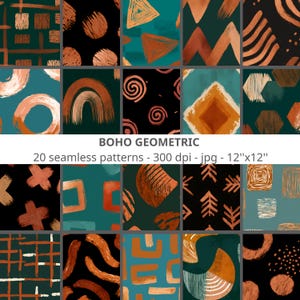 May include: A collection of 20 seamless patterns with a boho geometric theme. The patterns feature abstract shapes in shades of orange, teal, and black. The image includes the text "BOHO GEOMETRIC" and "12"x12"", indicating the size of the patterns.