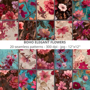 Peut inclure: Une collection de 20 motifs floraux sans couture présentés en grille. Les motifs présentent diverses fleurs dans des tons de rose, de rouge et de violet, sur des fonds turquoise, marron et crème. Le texte "BOHO ELEGANT FLOWERS" et les dimensions "12"x12"" sont inclus.