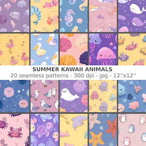 20 Summer Kawaii Animals patterns seamless, impressions numériques, fichier sans couture, 300 dpi, 12'x12', usage personnel et commercial
