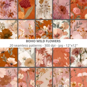 Peut inclure: Ensemble de 20 motifs floraux sans couture de style aquarelle, aux tons orange, rose et marron. Les motifs mesurent 30,48 cm x 30,48 cm et incluent le texte "BOHO WILD FLOWERS".
