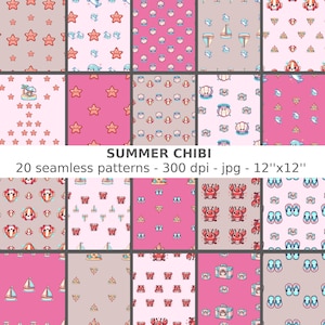 20 Summer Chibi patterns seamless, impressions numériques, fichier sans couture, 300 dpi, 12'x12', utilisation personnelle et commerciale