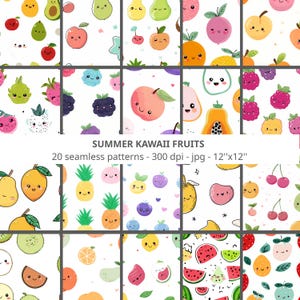 20 Summer Kawaii Fruits patterns seamless, impressions numériques, fichier sans couture, 300 dpi, 12'x12', usage personnel et commercial