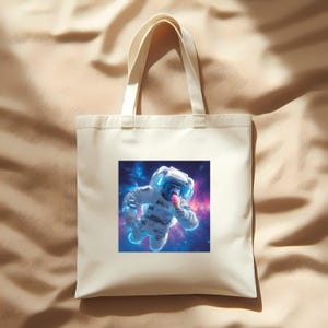 Peut inclure: Sac fourre-tout blanc cassé avec un motif coloré d'un gorille astronaute mangeant une glace sur un fond cosmique bleu et violet. Le sac a deux anses.