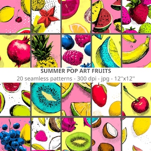 May include: A vibrant collage of fruit illustrations in a pop art style. The image features various fruits like watermelon, strawberries, and kiwi, set against pink and yellow backgrounds. Text reads "SUMMER POP ART FRUITS" and "20 seamless patterns - 12"x12".