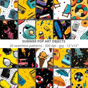 May include: A collection of 20 seamless pop art patterns featuring summer objects. The patterns include cameras, cassette tapes, beach chairs, ice cream cones, sunglasses, and more. The text "SUMMER POP ART OBJECTS" is displayed.