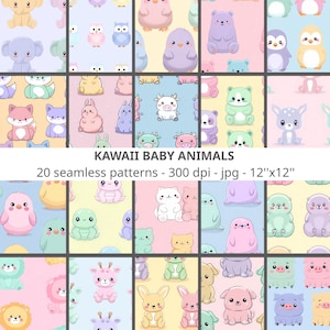 Peut inclure: Ensemble de 20 motifs sans couture avec des animaux Kawaii pour bébés. Chaque motif présente un animal mignon différent dans des couleurs pastel douces. Les motifs mesurent 30,48 cm x 30,48 cm, parfaits pour divers projets créatifs.