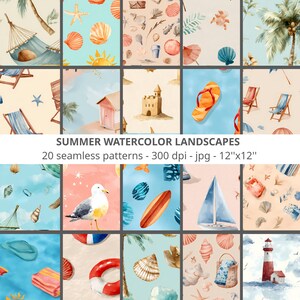 Peut inclure: Une collection de 20 motifs aquarelle sans couture sur le thème de l'été. Les motifs comprennent des scènes de plage, des coquillages et des éléments nautiques. Les motifs mesurent 30,48 cm x 30,48 cm et présentent diverses couleurs et illustrations. Le texte indique "SUMMER WATERCOLOR LANDSCAPES".