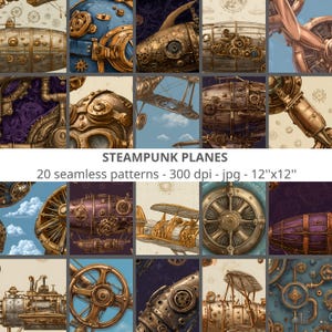 Peut inclure: Une collection de 20 motifs sans couture d'avions steampunk. Les motifs présentent des détails complexes dans des tons bronze, or et bleu. Le texte "STEAMPUNK PLANES" et "12"x12"" sont visibles. L'image est une œuvre d'art numérique.