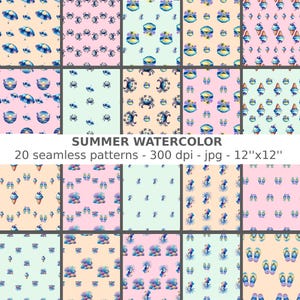 20 Summer Watercolor patterns seamless, impression numérique, fichier sans couture, 300 dpi, 12'x12', utilisation personnelle et commerciale