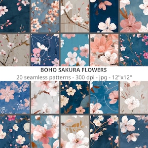 Peut inclure: Une collection de 20 motifs sans couture avec des motifs de fleurs de cerisier à l'aquarelle. Les motifs présentent des fleurs roses et blanches sur divers fonds, dont le bleu marine, le turquoise et le gris. Le texte "BOHO SAKURA FLOWERS - 12"x12"" est inclus.