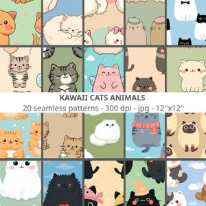 20 sömlösa mönster för kawaii-katter, digitaltryck, sömlös fil, 300 dpi, 12"x12", personligt och kommersiellt bruk