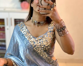 Strappy Blouse With Space Silk Designer Saree For Women,Saree For Rakhi, Party Wear Saree With Waist Belt, Simple Saree With Fancy Blouse