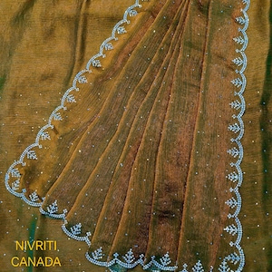 Pure Jarkhan Diamond Work Border Space Silk Partywear Saree, Wedding Wear Designer Saree, Golden Saree, Saree With Stitch Blouse, Women wear
