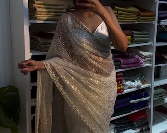 Royal White Saree With Pearl & Bead Work, Transparent Saree For Girls, Party Wear Transparent Saree, Wedding Wear Saree Collection For Girl