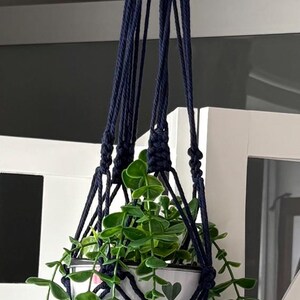 Puede incluir: Un colgador de plantas de macramé azul marino con un anillo de madera en la parte superior, que sostiene una maceta blanca con estampado floral y plantas verdes colgantes. El colgador de plantas está suspendido del techo.