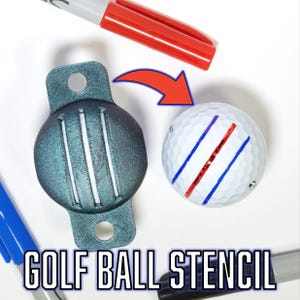 Peut inclure: Un pochoir de balle de golf et une balle de golf marquée de lignes bleues et rouges. Le pochoir est de couleur teal et a une forme incurvée avec des lignes verticales. Le texte "GOLF BALL STENCIL" est en bas de l'image.