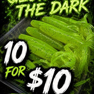 May include: A set of ten 10.16 cm lime green soft plastic fishing lures with black flecks and curly tails. The text GLOW IN THE DARK, 10 FOR $10, and 4" FAT IKA / DISCOGRUB is printed over the image of the lures in a clear plastic container.